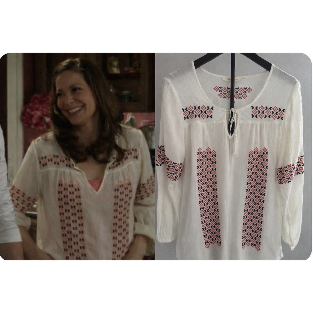 Solitaire Boho Embroidered Peasant Blouse White Orange Navy Rayon Size‎ L